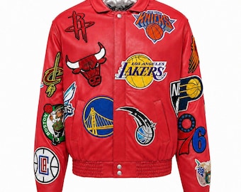 Red NBA Leather Jacket Unisex Genuine Leather Varsity Bomber Coat Basketball Patch Streetwear Gift