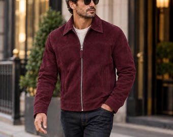 Mens Suede Jackets Burgundy Genuine Suede Zip Up Coat Handmade Western Casual Leather Outerwear