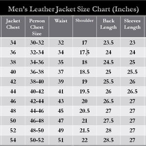 Puede incluir: Tabla de tallas de chaqueta de cuero en pulgadas, que muestra las medidas para el pecho de la chaqueta, la talla del pecho, la cintura, el hombro, la longitud de la espalda, la longitud de las mangas y el pu&ntilde;o. Las tallas van de XXXS a 5XL.