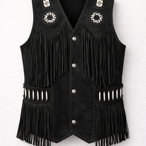 May include: Black suede vest with fringe detailing. The vest features decorative beadwork and silver-tone buttons. The vest has a V-neck and a classic western style.