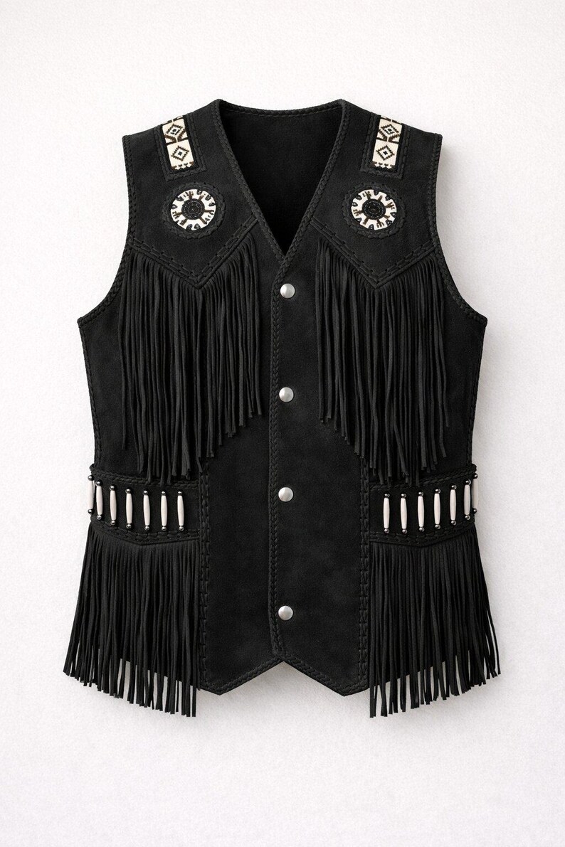 May include: Black suede vest with fringe detailing. The vest features decorative beadwork and silver-tone buttons. The vest has a V-neck and a classic western style.
