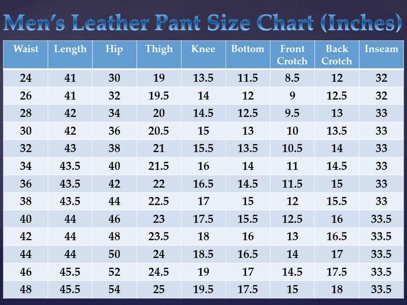 May include: A blue and white size chart titled Men's Leather Pant Size Chart (Inches) with columns for waist, length, hip, thigh, knee, bottom, front crotch, back crotch, and inseam, listing numerical values in inches for various pant sizes.