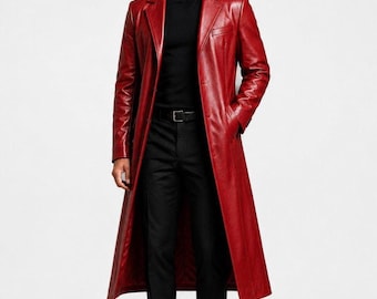 Mens Trench Leather Coat Red Genuine Lambskin Long Overcoat Classic Tailored Winter Jacket Men