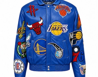 NBA Leather Jackets Royal Blue Basketball Patch Varsity Jacket Unisex Streetwear Bomber Coat Gift