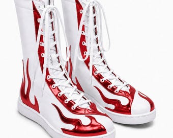Pro Wrestling Boots White Red Flame High Top Lace Up Ring Training Footwear Unisex