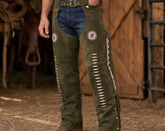 Cowboy Suede Legging with Handmade Beaded Fringe Western Leather Chaps Rodeo Festival Ranch Wear