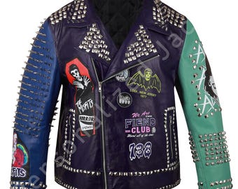 Handgemaakt leren jack met studs: misfit horrorpunkpatches