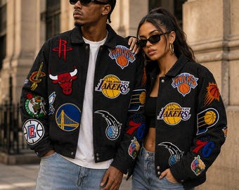 Black NBA Letterman Jacket Basketball Varsity Bomber Coat Embroidered Team Style Streetwear Gift Unisex