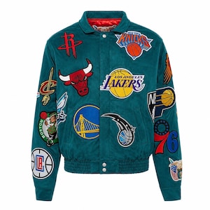 May include: A teal suede varsity jacket featuring numerous embroidered NBA team logos across the front and sleeves, including the Chicago Bulls, Los Angeles Lakers, and Golden State Warriors. The jacket has a red inner lining and snap buttons.