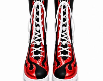 Unisex Wrestling Boots Red Black Flame Leather High Top Lace Up Pro Ring Shoes