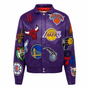 May include: A purple leather jacket featuring various embroidered NBA team logos and basketball-themed graphics across the front and sleeves. The jacket has a collared neckline, a snap-button front closure, and ribbed cuffs and hem.