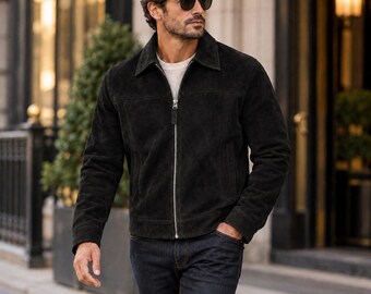 Black Suede Jacket Men Genuine Leather Zip Front Western Trucker Coat Handmade Casual Outerwear