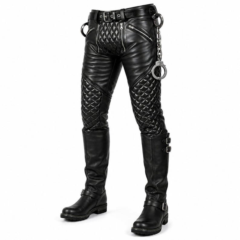 May include: Black leather pants featuring quilted panels on the thighs and crotch, multiple silver-tone zippers, a belt with a buckle, and a metal chain with attached handcuffs. The pants are paired with black leather boots with side buckles.