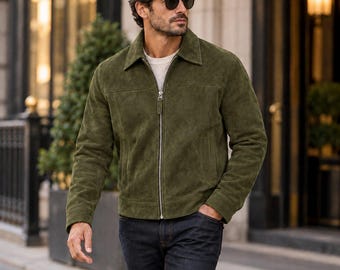 Olive Mens Suede Jacket Genuine Suede Trucker Coat Western Zip Up Casual Outerwear Gift