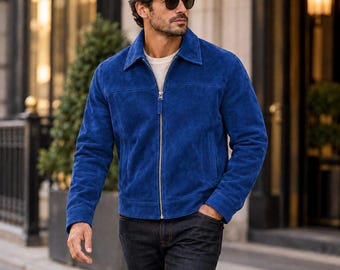Royal Blue Suede Jackets for Men Genuine Suede Zip Up Casual Western Coat Gift