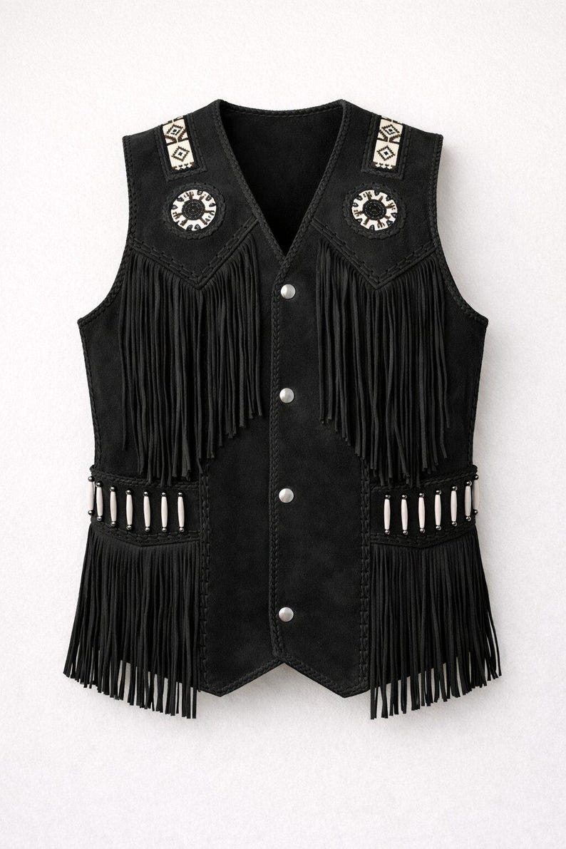 May include: Black suede vest with fringe detailing. The vest features decorative beadwork and silver-tone buttons. The vest has a V-neck and a classic western style.