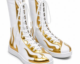 Pro Wrestling Boots White Gold Flame Leather Lace Up High Top Wrestler Shoes Unisex