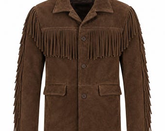 Men’s Cowboy Suede Jackets Brown Western Fringe Leather Ranch Rodeo Coat Handmade Vintage Style