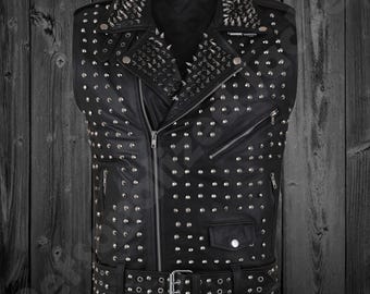 Handmade Punk Studded Cowhide Leather Vest: Biker Spiked Waistcoat