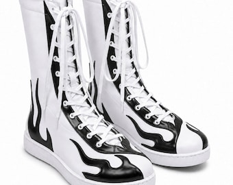 Pro Wrestling Boots Unisex Genuine Leather Black White Flame Lace-Up Ring Performance Combat Footwear