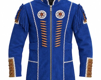 Cowboy Suede Jackets for Men Western Fringe Beaded Blue Genuine Suede Ranch Festival Coat
