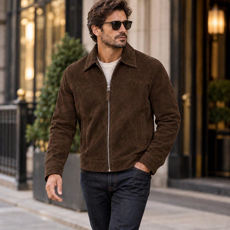Peut inclure: Une veste en daim marron fonc&eacute; avec un col classique, des manches longues et une fermeture &eacute;clair m&eacute;tallique argent&eacute;e sur toute la longueur. La veste pr&eacute;sente une couture horizontale sur la poitrine et est port&eacute;e sur un t-shirt blanc.