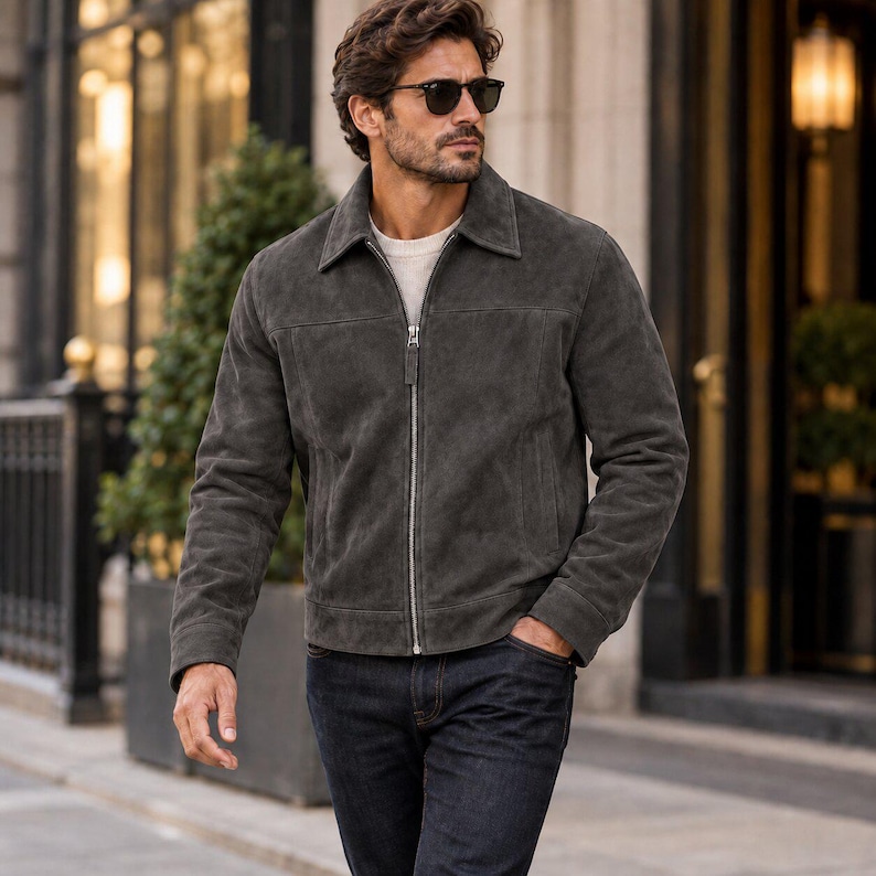 K&ouml;nnte beinhalten: Eine anthrazitfarbene Wildlederjacke mit klassischem Kragen, durchgehendem silberfarbenem Metallrei&szlig;verschluss und langen &Auml;rmeln. Die Jacke wird &uuml;ber einem schlichten wei&szlig;en Rundhals-Shirt getragen und mit einer dunkelblauen Jeans kombiniert. Sie hat eine horizontale Naht &uuml;ber der Brust und zwei Seitentaschen.