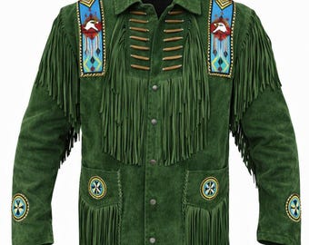 Veste de cowboy en daim pour hommes, style western en cuir de ranch à franges et perles faites main