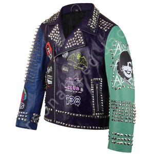 Handmade Steampunk Studded Jacket | Biker's Addicted Leather Club Wear | Multi color Gothic Jacket | The Misfit Horror Punk Rock Painted
