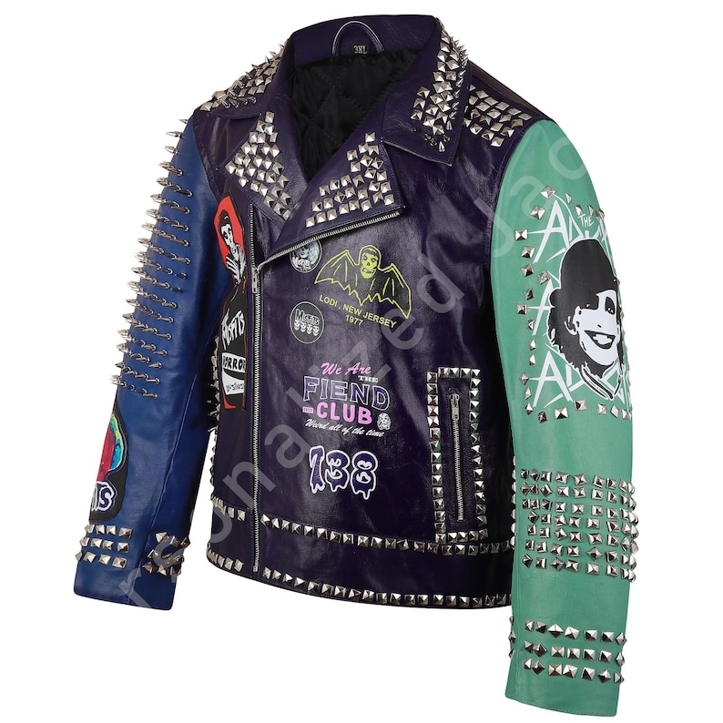 Handmade Steampunk Studded Jacket | Biker's Addicted Leather Club Wear | Multi color Gothic Jacket | The Misfit Horror Punk Rock Painted
