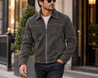 Mens Suede Jackets Genuine Leather Zip Front Trucker Coat Vintage Casual Western Style Outerwear