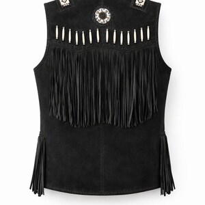 May include: Black suede vest with fringe and decorative beading. The vest features long fringe along the bottom and a row of fringe across the chest. The shoulders and back are adorned with white and silver beads. A circular beaded design is centered on the back.