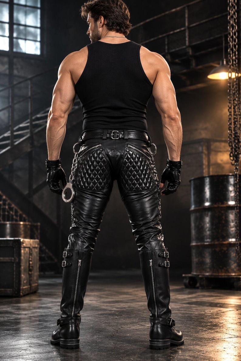 May include: Black leather pants featuring a quilted pattern on the seat, zippered pockets, and a belt with a metal buckle. The pants are paired with black leather gloves and tall black leather boots with side zippers and multiple buckle straps.