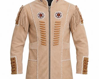Cowboy Suede Jacket Men's Western Fringe Beaded Zip-Up Coat Rodeo Ranch Festival Style Outerwear
