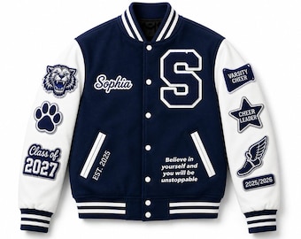 Individuell gestaltete Collegejacke im Letterman-Stil mit personalisiertem, gesticktem Aufnäher aus Wolle und Leder – Bomberjacken-Design