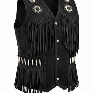 May include: Black suede vest with fringe detailing and decorative beadwork. The vest features a V-neck, silver-tone buttons, and fringe along the hem and shoulders. The vest has a Western or Native American-inspired design.