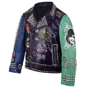 Handmade Steampunk Studded Jacket | Biker's Addicted Leather Club Wear | Multi color Gothic Jacket | The Misfit Horror Punk Rock Painted