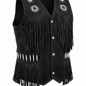 May include: Black suede vest with decorative fringe and beadwork. The vest features a V-neck, button closure, and decorative patterns on the shoulders. The fringe is along the shoulders, chest, and waist.