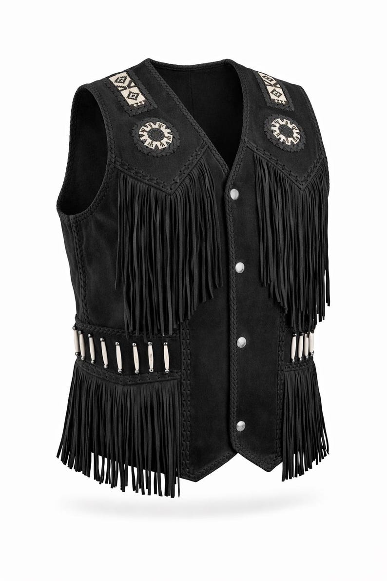 May include: Black suede vest with decorative fringe and beadwork. The vest features a V-neck, button closure, and decorative patterns on the shoulders. The fringe is along the shoulders, chest, and waist.