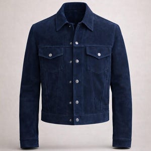 Trucker Blue Suede Jacket Mens Leather Western Style Snap Button Casual Fashion Coat