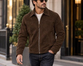 Men Suede Jacket Genuine Brown Suede Zip Up Vintage Trucker Coat Western Casual Outerwear