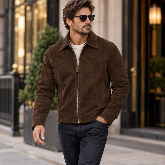 Men Suede Jacket Genuine Brown Suede Zip Up Vintage Trucker Coat Western Casual Outerwear