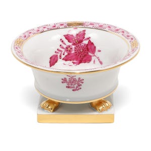 Herend Porcelain Cachepot Bowl - Raspberry Chinese Bouquet Gilded Lion Feet Ornament