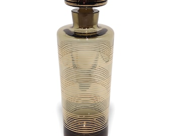 Boho Art-Deco-Rauchglas-Karaffe mit konzentrischen Goldring-Designs