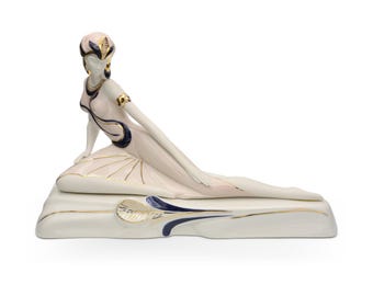 Art Deco-kvinnafigur, Galos-porslin, elegant vintage samlarstaty, keramisk skulptur