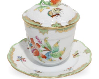 Barattolo per marmellata in porcellana Herend Queen Victoria con coperchio e sottopiattino incorporato - Decorazione d'interni di lusso vintage