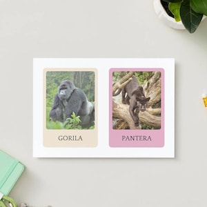 Paquete de tarjetas didácticas de animales: 90 tarjetas realistas de animales en inglés + 90 en español. PDF imprimible Montessori bilingüe para niños.