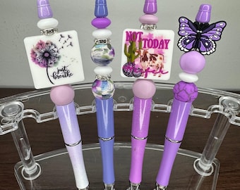 Purple Beaded Pen | Charm Topper, Refillable Black Ink