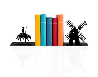 Sujetalibros metálico de Don Quijote y Molino de Viento, decoración de literatura clásica, soporte para libros con silueta de caballero andante, regalo de Miguel de Cervantes