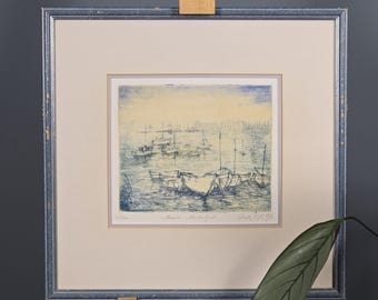 Original Signed Vintage Marine Etching "Boats Mudeford" 101/200 Coastal Fine Art Framed